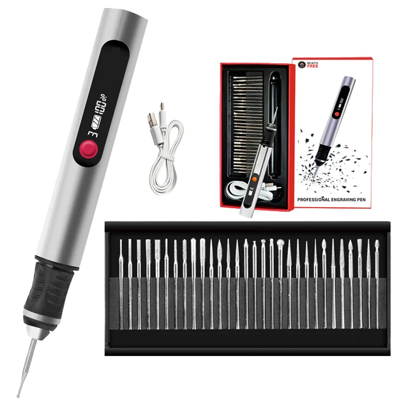 32PCS Multifunctional Electric Engraving Pen Kit USB Cordless Electric Polisher Lithium Battery Carving Pen for Metal Glass Nail
